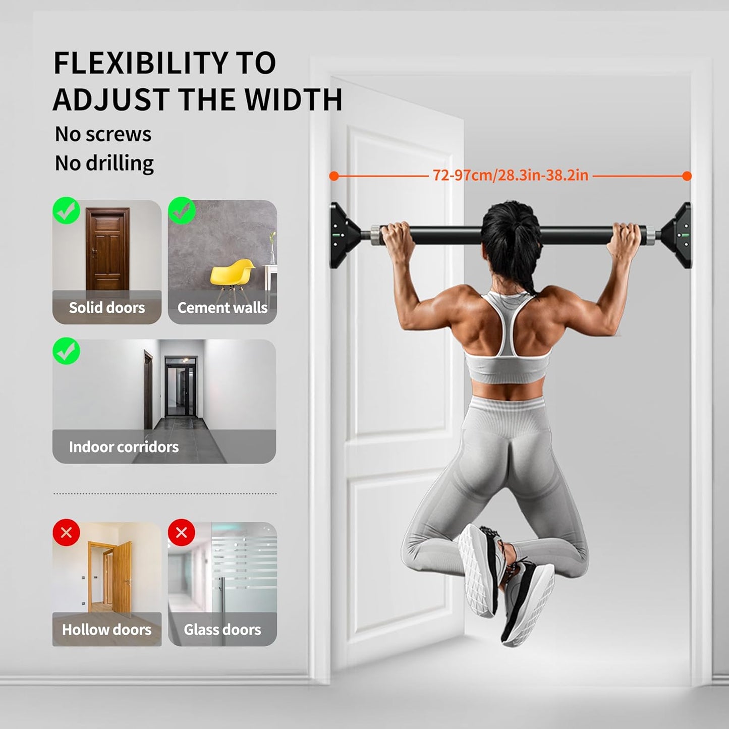 Pull Up Bar, No Screw Design, Thick Steel, 440LB Weight Bearing, Length 28.3in-38.2in, Non-Slip